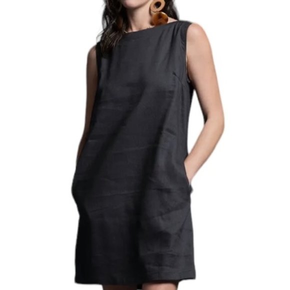 NWT Sleeveless Linen Blend Dress with Pockets in Washed Black Sizes S-M-L - Picture 2 of 12